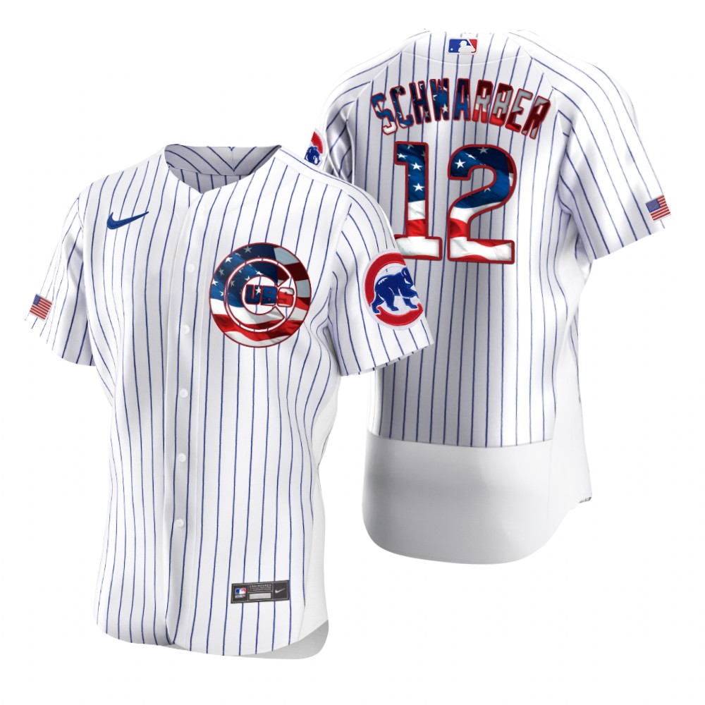 Chicago Cubs 12 Kyle Schwarber Men Nike White Fluttering USA Flag Limited Edition Authentic MLB Jersey